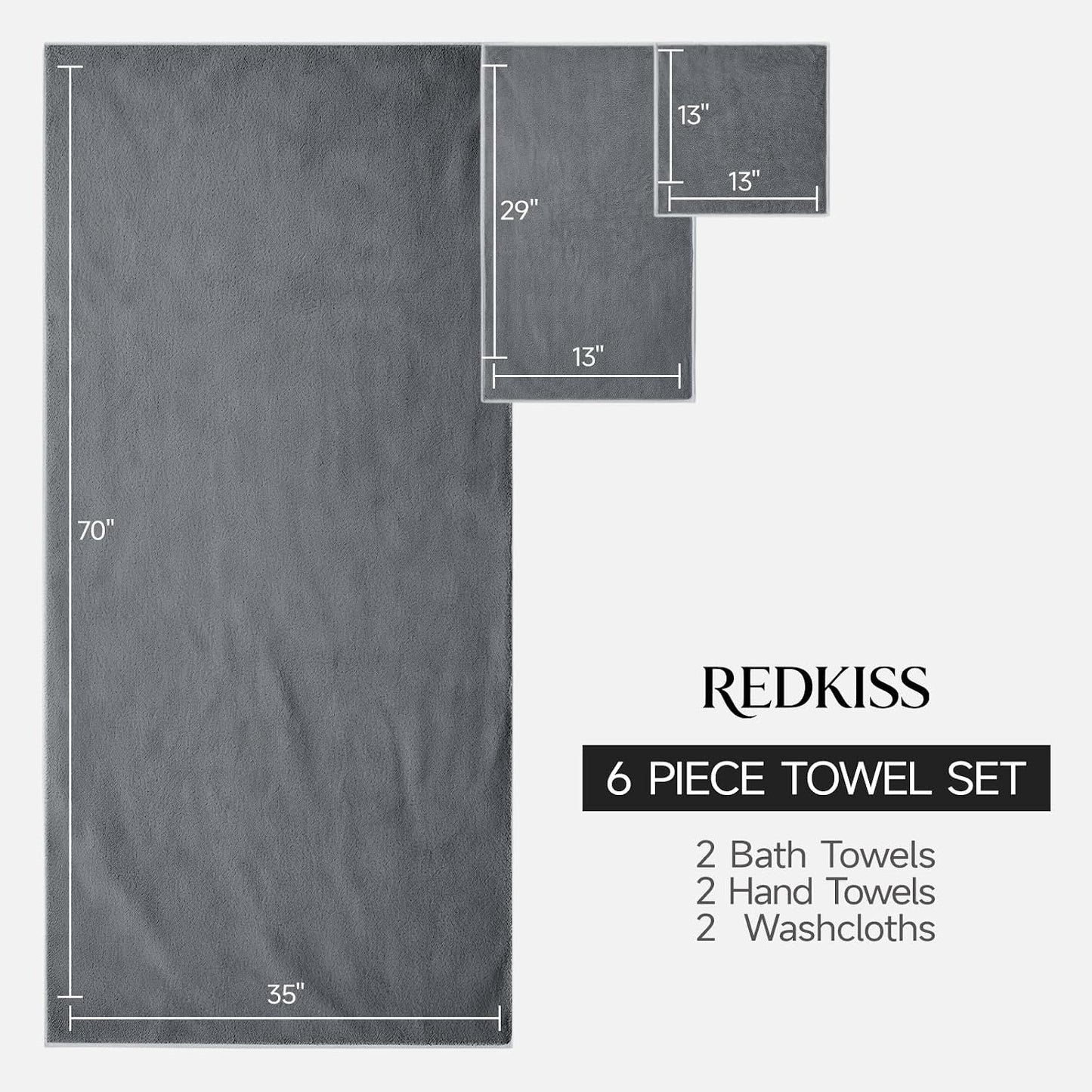 REDKISS Pack of 6 Towel Set - 2 Extra Large Bath, 2 Hand, 2 Washcloths, Ultra Soft & Highly Absorbent, Quicker to Dry, Grey Towels for Bathroom, Spa, Hotel, Gym
