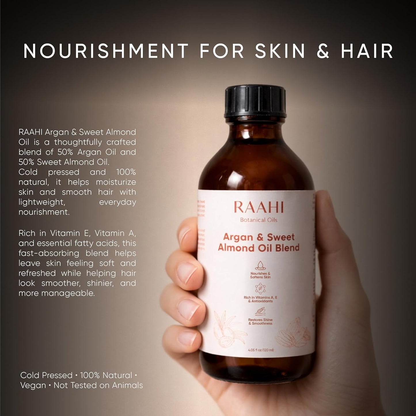 RAAHI Argan Oil and Sweet Almond Oil Blend for Hair and Skin, 4.05 fl oz / 120 ml, Lightweight Non Greasy Moisturizer for Face, Body, Scalp and Hair