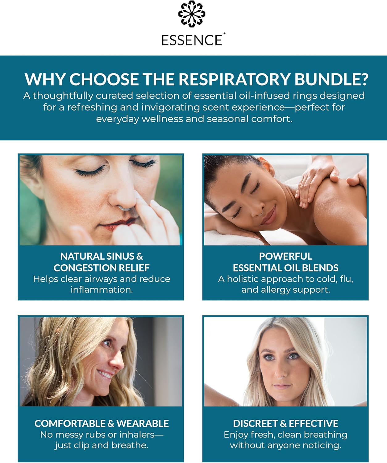 Essence Nasal Diffuser Respiratory Bundle – Essential Oil Silicone Nose Rings for Sinus Relief, Congestion & Seasonal Breathing Support – Wearable Aromatherapy for Cold & Allergy Symptoms