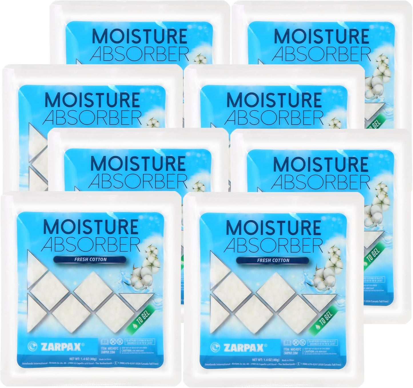 Zarpax Moisture Absorber Sachets Fresh Cotton 1.4 oz/40g - Remove Excess Moisture In Air & Odor - Desiccant Dehumidifier for Closet, Drawer, Safe, Storage - Dampness & Humidity Control - Set of 8