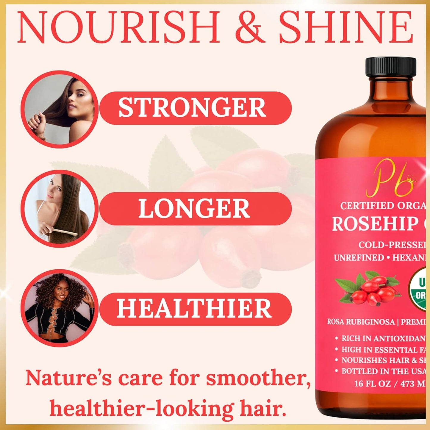 Rosehip Oil – USDA Organic 100% Pure, Cold-Pressed & Unrefined, Rosehip Oil for Face, Skin & Hair– Helps Reduce the Appearance of Fine Lines & Wrinkles – Rose Hip Seed Oil16 fl oz Glass Bottle