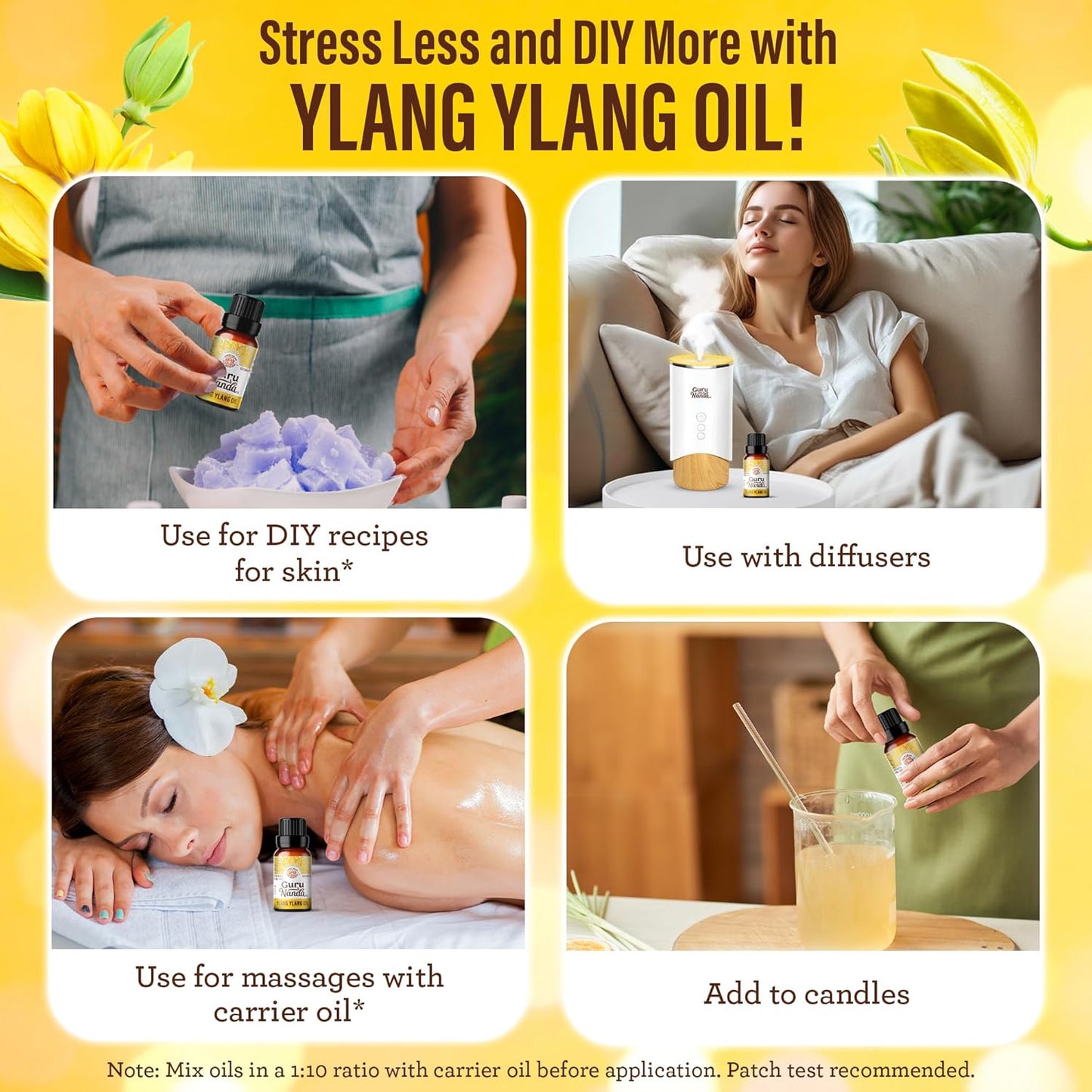 GuruNanda Ylang Ylang Essential Oil (10 ml) - 100% Pure, Natural and Undiluted Diffuser Oil for Aromatherapy, Massages & DIY Recipes