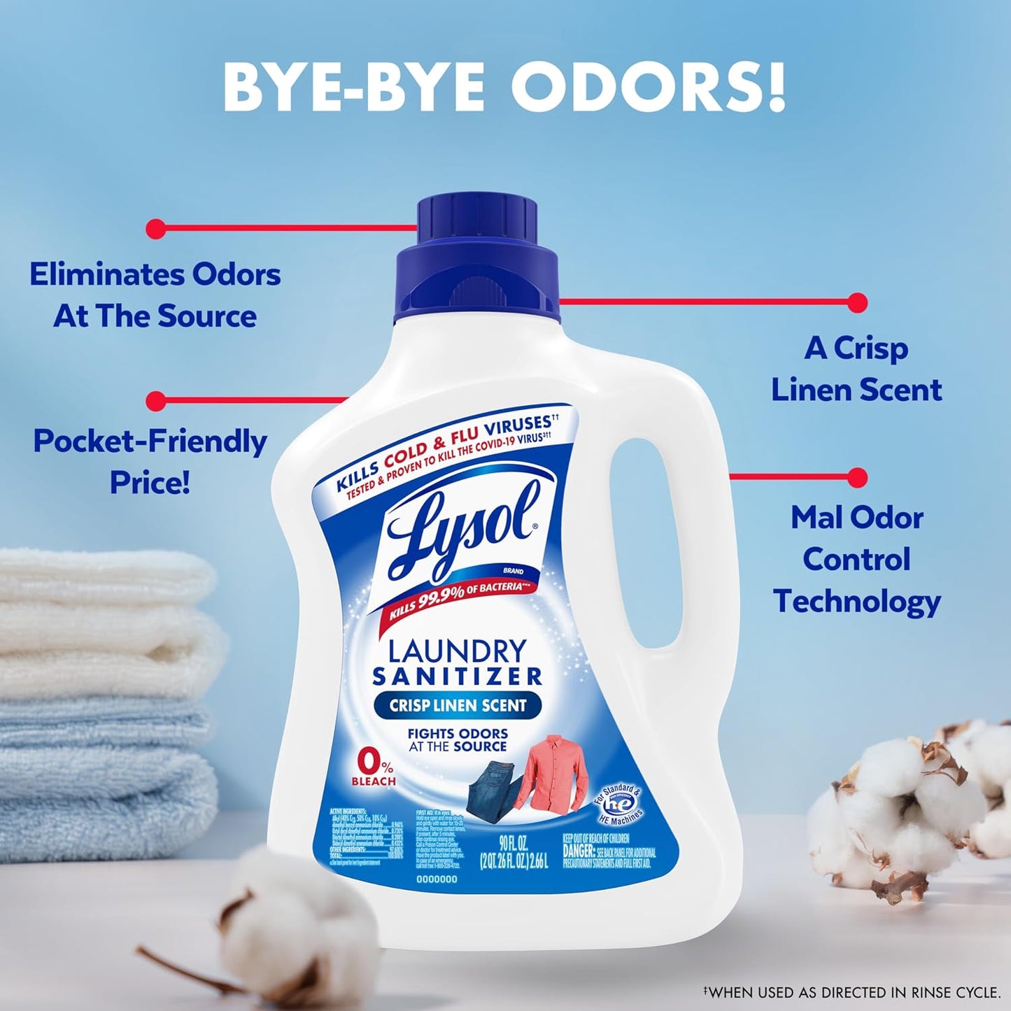 Lysol Laundry Sanitizer Additive, Bacteria-Causing Laundry Odor Eliminator, Detergent Additive, Crisp Linen, 90oz