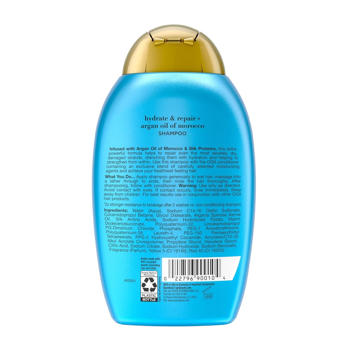 OGX Extra Strength Hydrate & Repair + Argan Oil of Morocco Shampoo for Dry, Damaged Hair, Cold-Pressed Argan Oil to Moisturize & Smooth, Paraben-Free, Sulfate-Free Surfactants, 13 Fl Oz