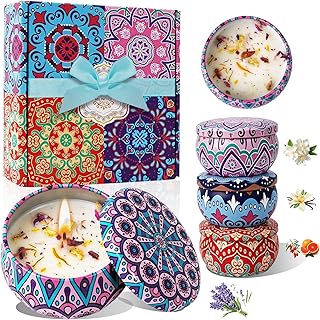 4 Pack Scented Candles for Women Gift- 8% Essential Oil Aromatherapy Candle Set, 50H Long Lasting Natural Soy Wax Candles, Travel Tin Gift Box for Stress Relief Spa Yoga Birthday Housewarming