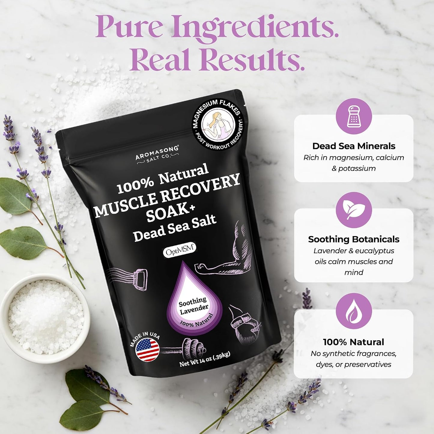 Aromasong Muscle Recovery Bath Soak with Dead Sea Salt, OptiMSM, Magnesium Flakes & Essential Oils for Post Workout Soreness - Made in USA - 14 oz. Bag Bath Salt for Pain Relief.