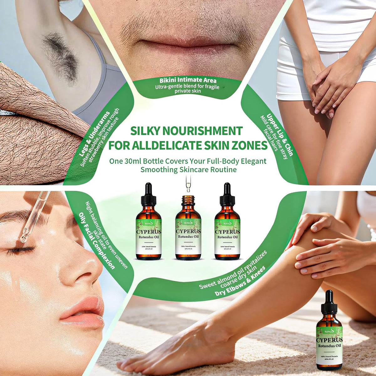 100% Pure Cyperus Rotundus Oil with Sweet Almond &amp; Rosehip – Natural Hair Removal Care &amp; Post-Waxing Soothing Oil for Face, Body, Underarms