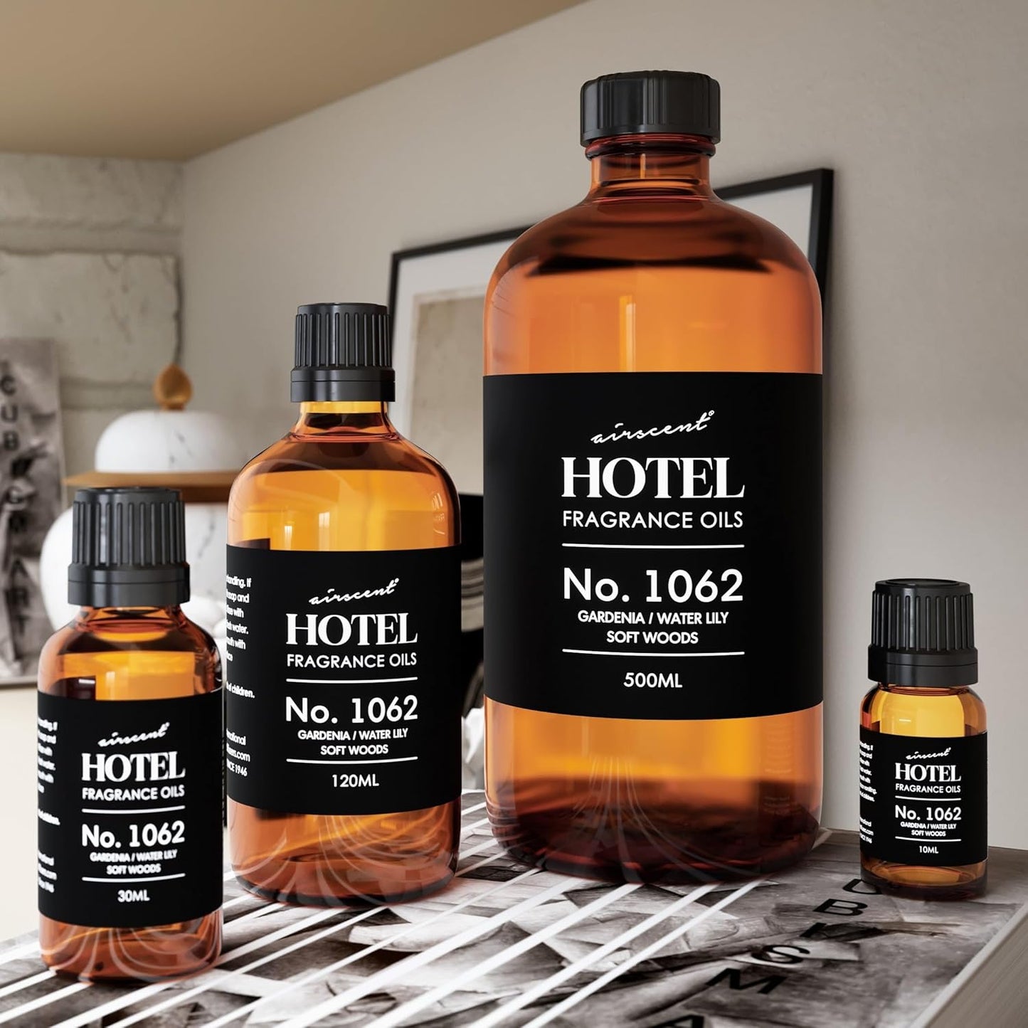 AirScent Hotel Diffuser Oil No. 1062 - Gardenia, Water Lily, Soft Woods - Premium Fragrance Oil for Ultrasonic and Waterless Diffusers and Crafting - 10 mL, 0.34 fl oz Glass Dropper Bottle