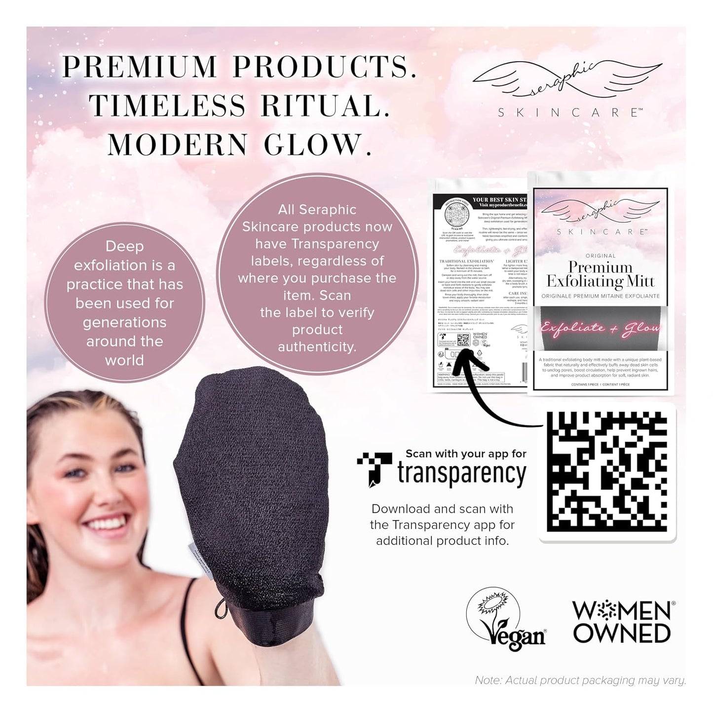 Seraphic Skincare Original Premium Exfoliating Mitt for Body (2pc) – 100% Vegan Viscose Traditional Body Scrub Glove Kessa Korean Washcloth – Body Exfoliator for Self-Tan Removal & Keratosis Pilaris