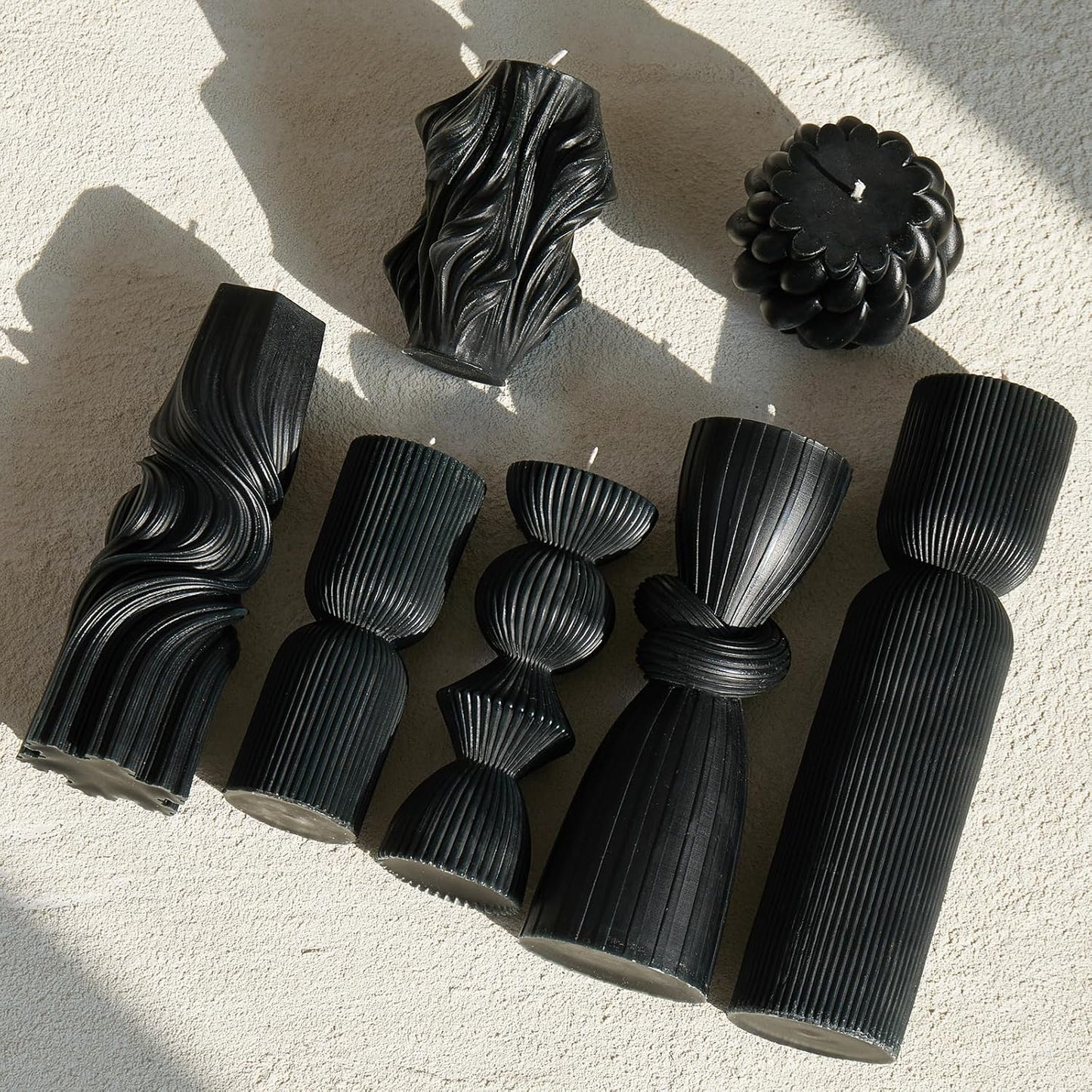 7-Pack Pillar Candles - Soy Wax Handmade Ribbed Candles for Home Decor, Housewarming Gift, Shelf & Table Decor - Aesthetic Modern Candles Set (Black)