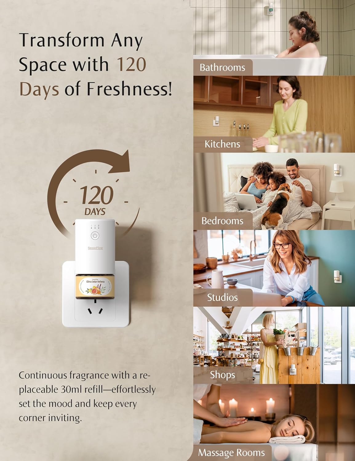 Essential Oil Diffuser for Home, Waterless Aromatherapy Diffuser SF101 Pro, Plug in Room Scent with 120-Day Natural Aroma, Covers 1000 Sq Ft – Free 30ml Cedarwood Citrus Veil