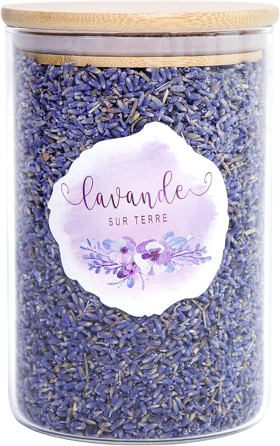 Lavande Sur Terre 4 Cups Lavender in Small Glass Bottle, Highland Dried Lavender Flower Buds, LV-G-2