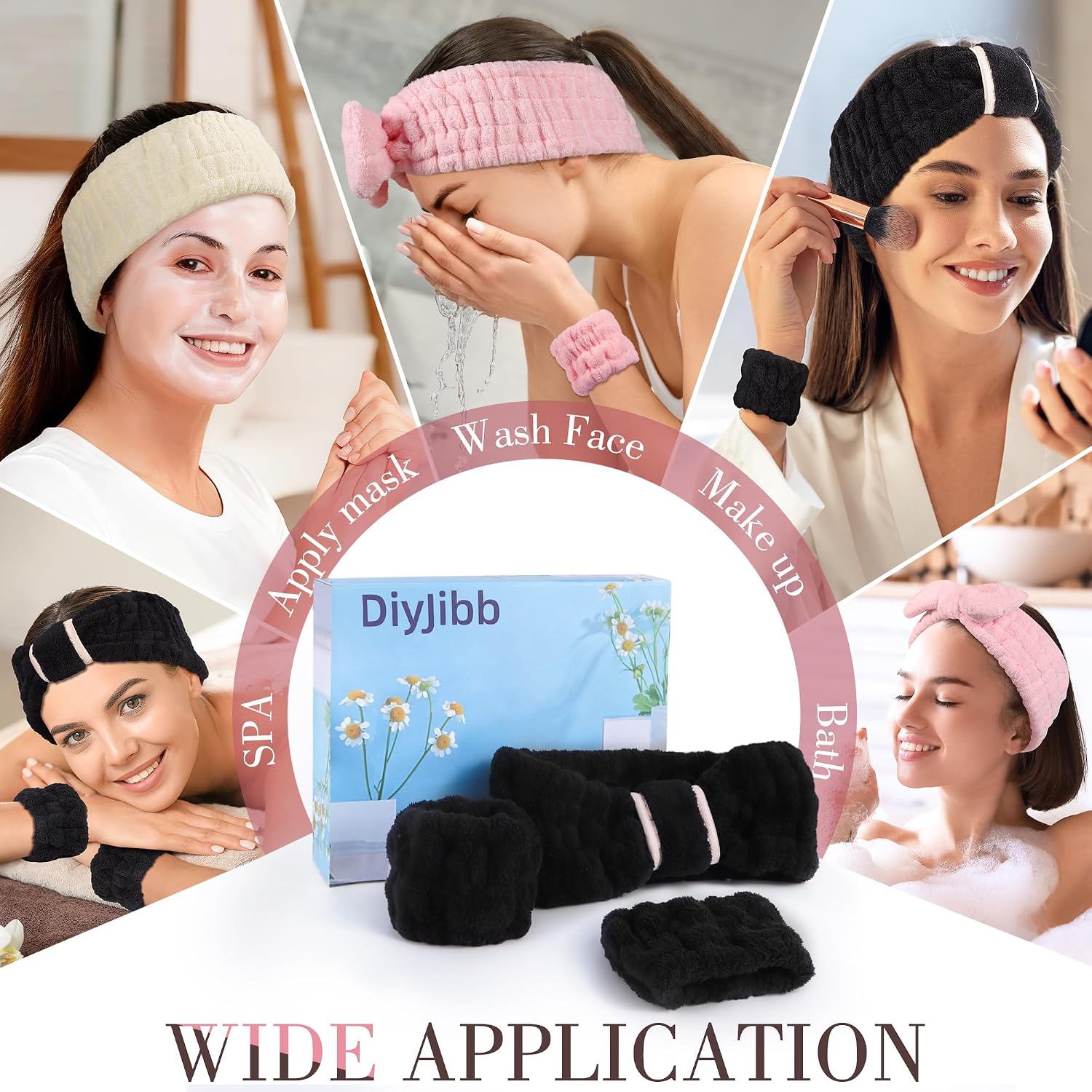DiyJibb 9 Pcs Spa Headband for Washing Face,Skincare Headband and Wristband Set,Women Teen Girls Facial Hairbands for Washing Face, Makeup, Sports, Yoga (pink+apricot+black)