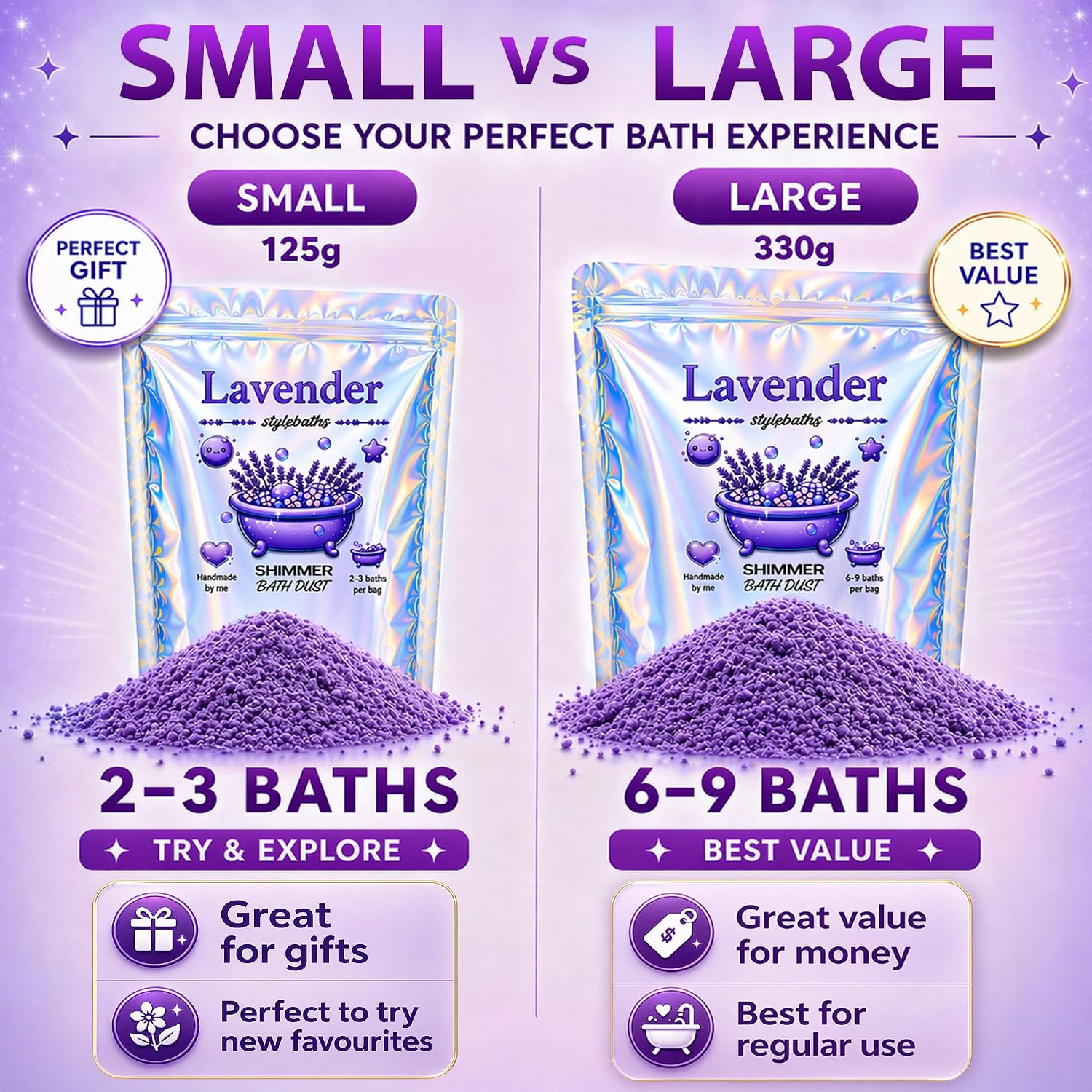 Purple Lavender Shimmer Bath Bomb in A Bag - Handmade Scented Bath Bombs for Women,Kids and Men - Bulk Bathbomb Fizzies Perfect for Boys and Girls All Ages (Small, Purple)