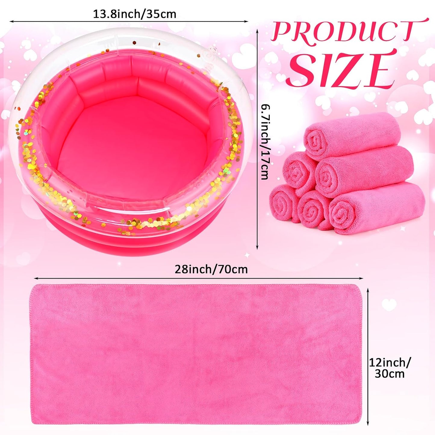 Fanfanwin 12 Pcs Foot Spa Kit for Girls 13.8 x 13.8 x 6.7 Inch Inflatable Foot Care Portable Bath and 12 x 28 Inch Hand Towels Washbasin Salon Towels for Spa Party Sleepover Party Supplies, Rose Red