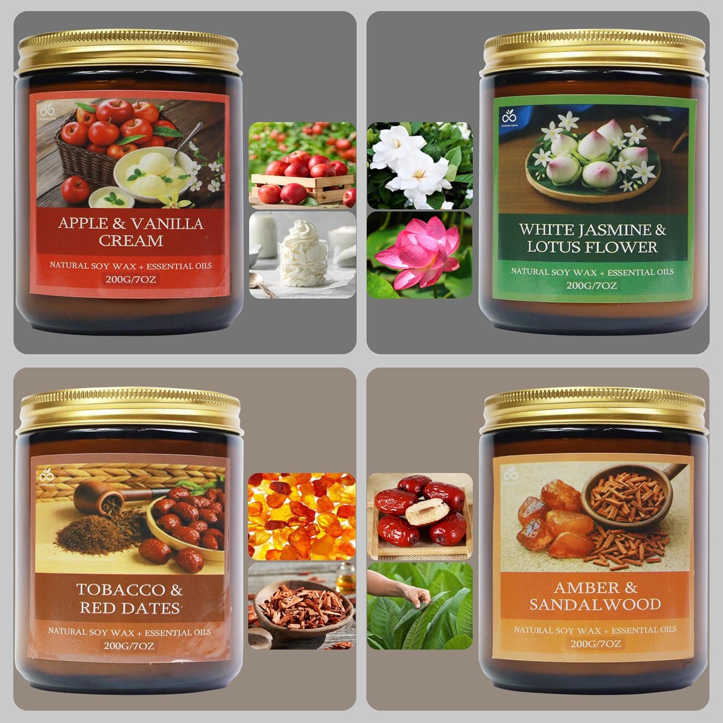 Soy Candles for Home Scented, 4-Pack Gift Set | Amber Sandalwood and Apple Vanilla, 50 Hour Long Burn, Cotton Wick, Aromatherapy, Gifts for Women Mom Birthday Christmas