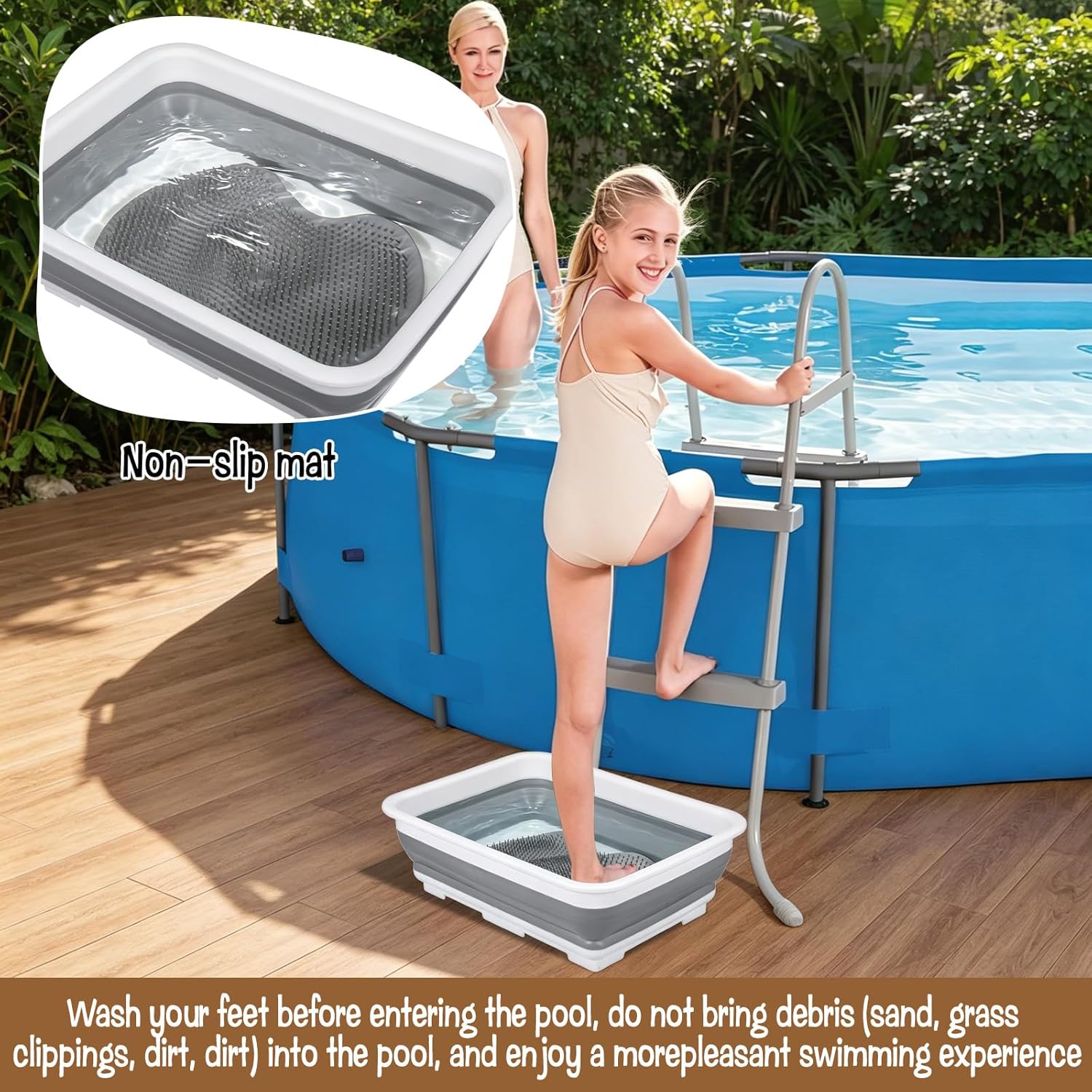 Collapsible Portable Pool Foot Bath, Non- Slip Collapsible Pool Foot Wash Basin Tub for Swimming Pool Ladder Above Ground Swimming Pools Accessories Beach Hot Tub, Keeps Water Clean