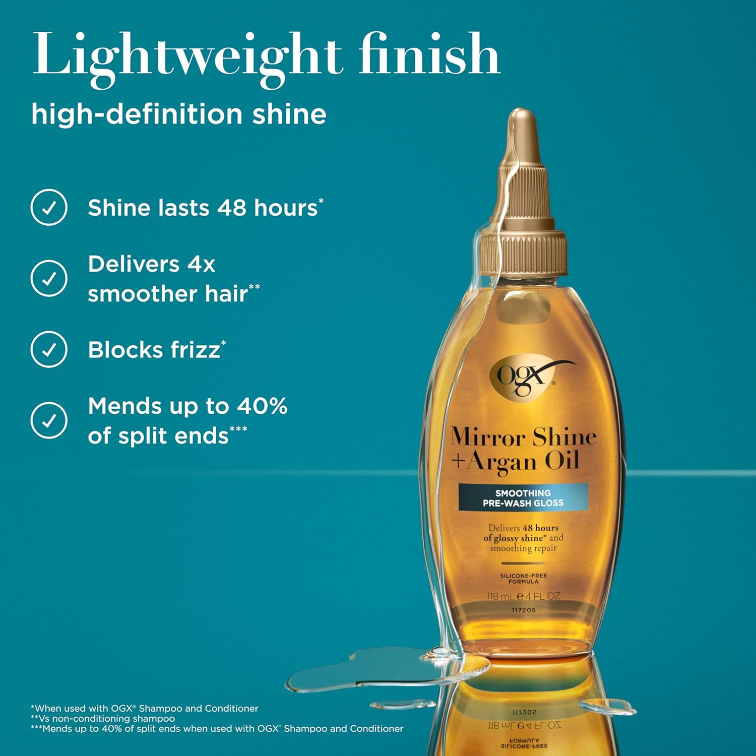 OGX Mirror Shine + Argan Oil Pre-Wash Hair Gloss, Smoothing Rinse Out Treatment for 48 Hours of Glossy Shine* & Nourishing Repair, Lightweight Hair Oil Mends Split Ends*, 4 fl. oz