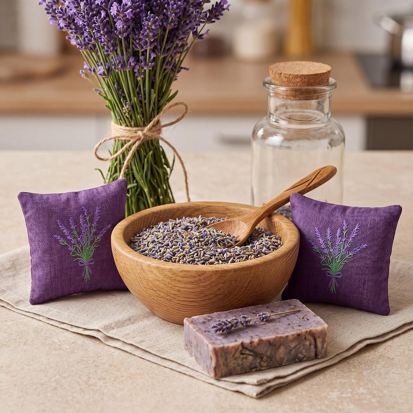 SATINIOR 6 Pack 6 x 6 Inch Embroidered Lavender Sachet Bags Sachet Empty Bags with Hook and Loop Fasteners Cotton Linen Pouch for Filling Spice Jewelry for Wedding (Purple,Novelty)