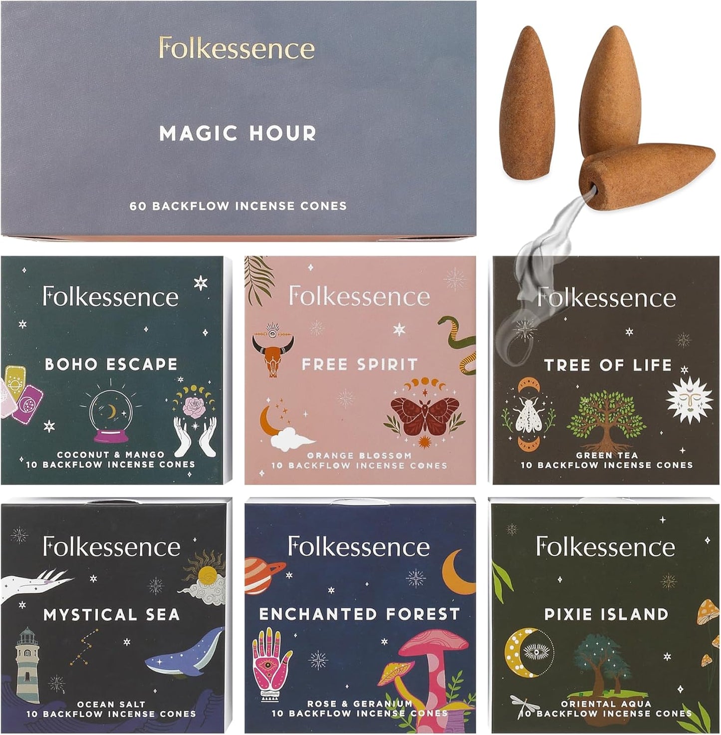 Folkulture Backflow Incense Cones (60 Cones) | Set of 6 Waterfall Insence Cones for Aromatherapy, Relaxation | No Charcoal, Organic, Non Toxic Coconut & Mango, Ocean Salt Scented Inscents-Cones