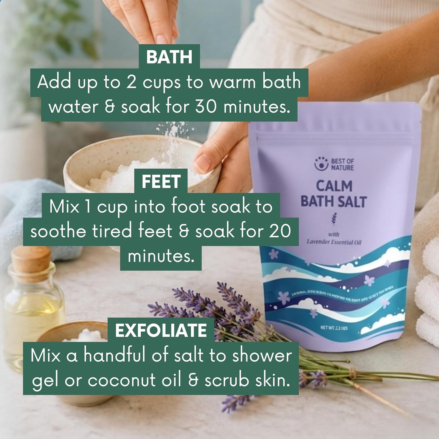 Best of Nature Calm Epsom Salt Bath Soak with Lavender Essential Oil, Mineral-Rich Bath Salts, Resealable Bag, 2.2 lb