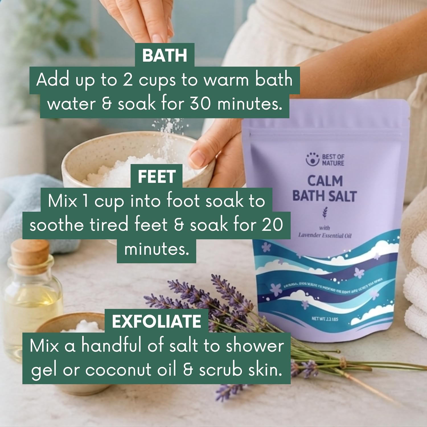 Best of Nature Calm Epsom Salt Bath Soak with Lavender Essential Oil, Mineral-Rich Bath Salts, Resealable Bag, 2.2 lb