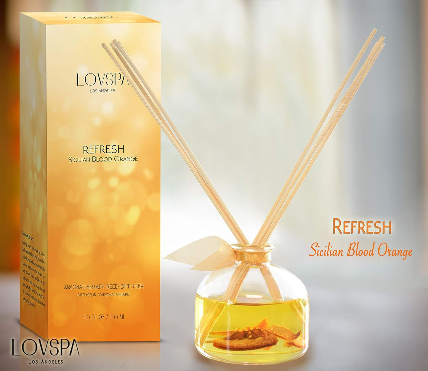 Reed Diffuser Set, Refresh Sicilian Blood Orange Scented Oil Diffuser with Sticks, Home Fragrance Accessories for Bathroom Shelf Decor, Aroma Diffusers for Home or Office Desk, USA Made