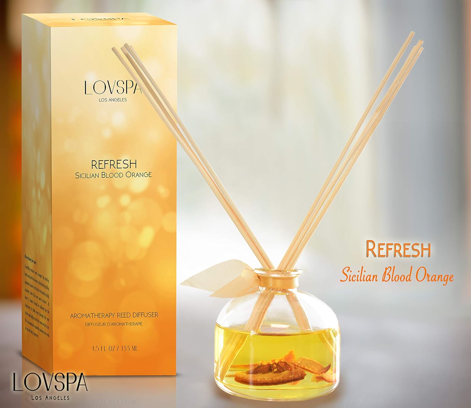 Reed Diffuser Set, Refresh Sicilian Blood Orange Scented Oil Diffuser with Sticks, Home Fragrance Accessories for Bathroom Shelf Decor, Aroma Diffusers for Home or Office Desk, USA Made