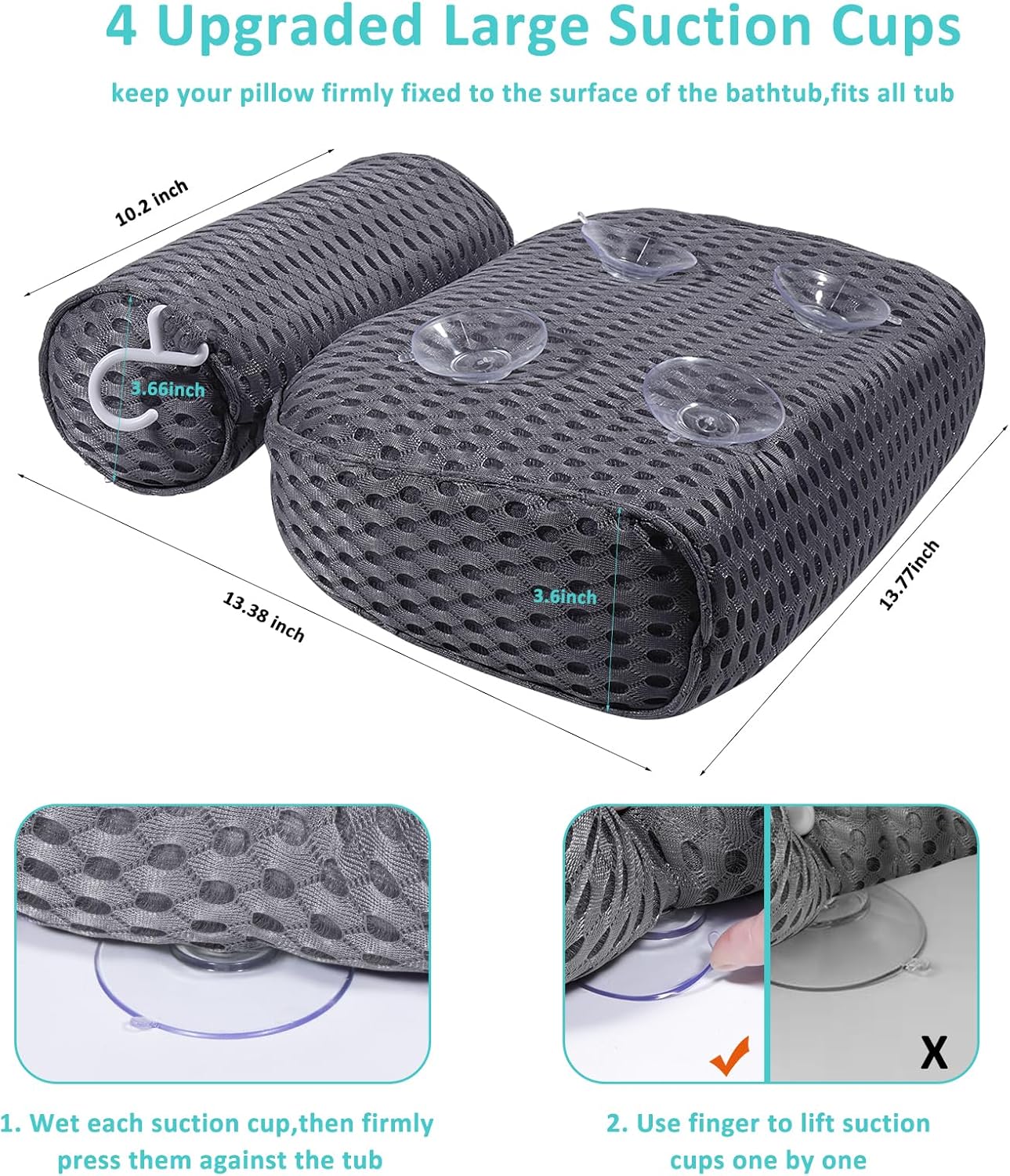 Bath Pillow for Tub Support Neck and Back, Bathtub Pillow Bath Accessories for Bathtub Women, Hot Tub Accessories for Adults Gray