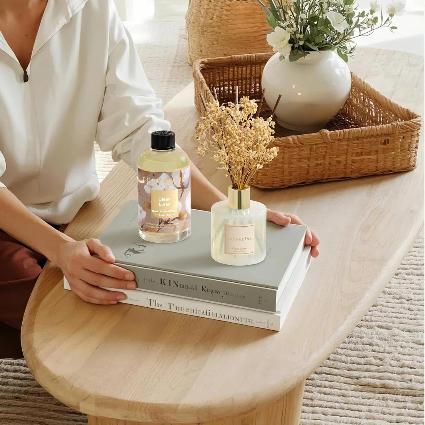 Cocorrína Reed Diffuser Refill Clean Linen 17oz (500ml) with 8 Rattan Sticks - Premium Long-Lasting Scented Oil, Home Fragrance for Bedroom, Bathroom Home Decor