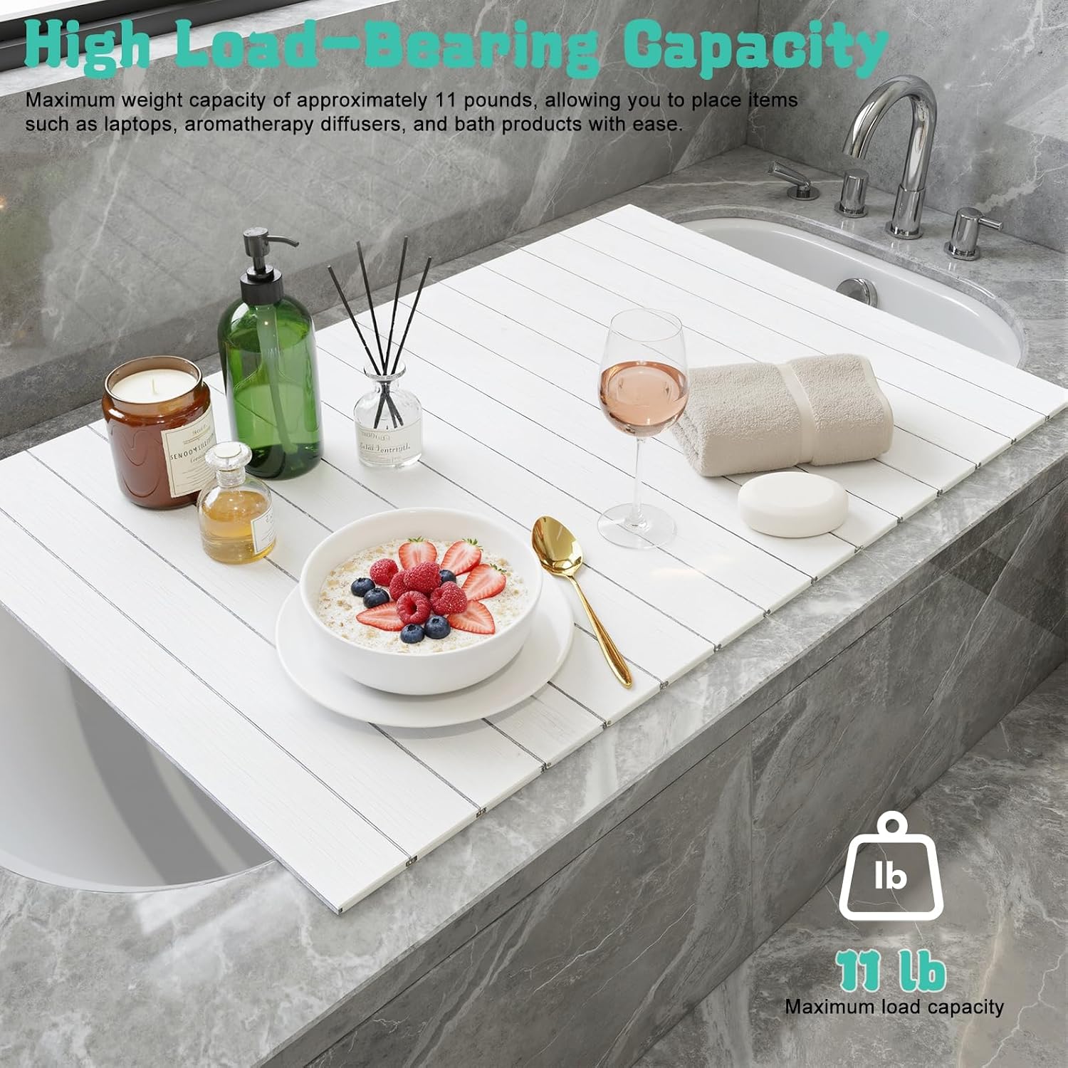 Foldable Bathtub Cover, 63 x 31.5 in Bath Tub Tray Waterproof, Folding Bath Cover Insulation Table Dust Board, PVC Shutter Bathtub Lid Plate Fits Most Tubs for Bathroom Shower, White