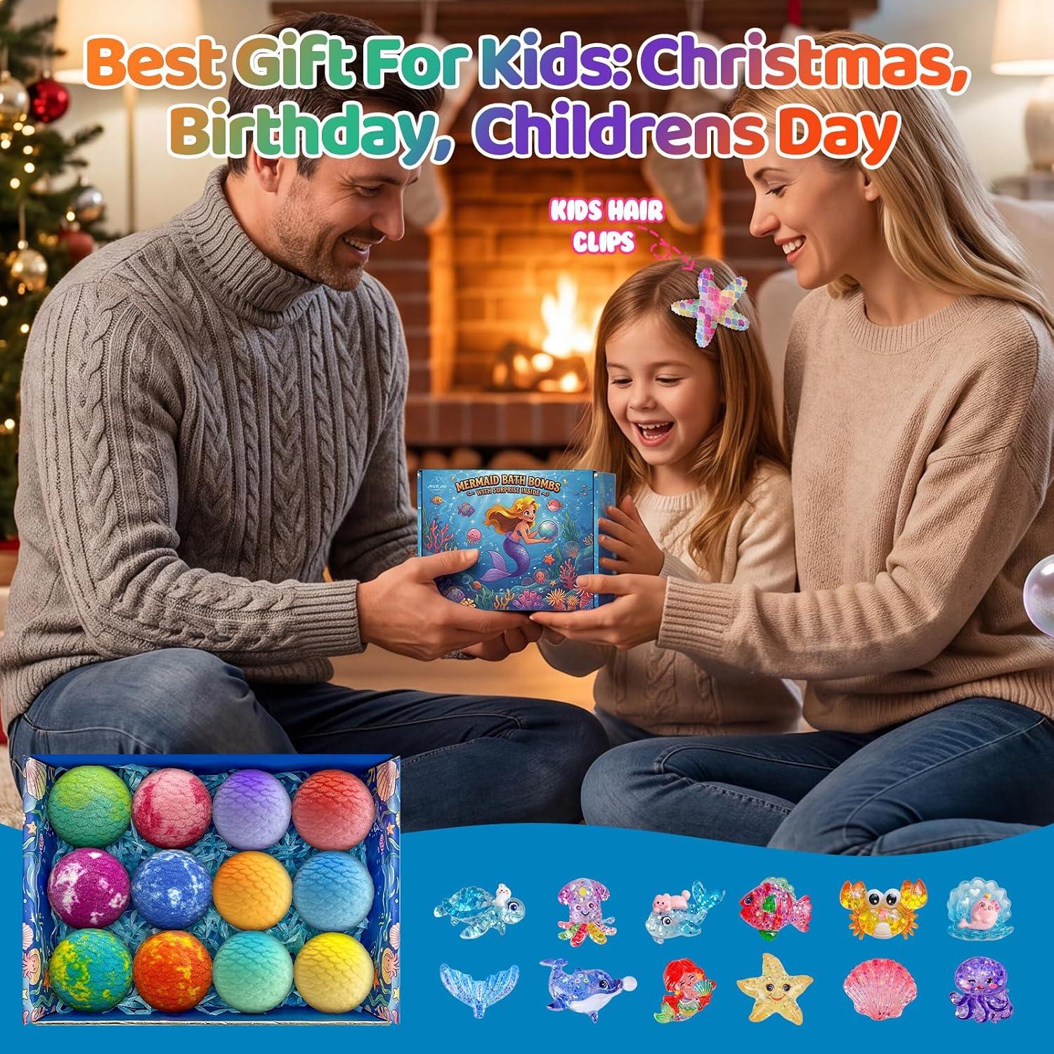 Mermaid Bath Bombs for Kids with Surprise Toys Inside, 12pcs Bubble Kids Bath Bombs with Mermaid Toys Gift Set for 3 4 5 6 7 8 Year Old Girls Birthday Christmas Gift Spa Bath Ball with Bath Toy Fun