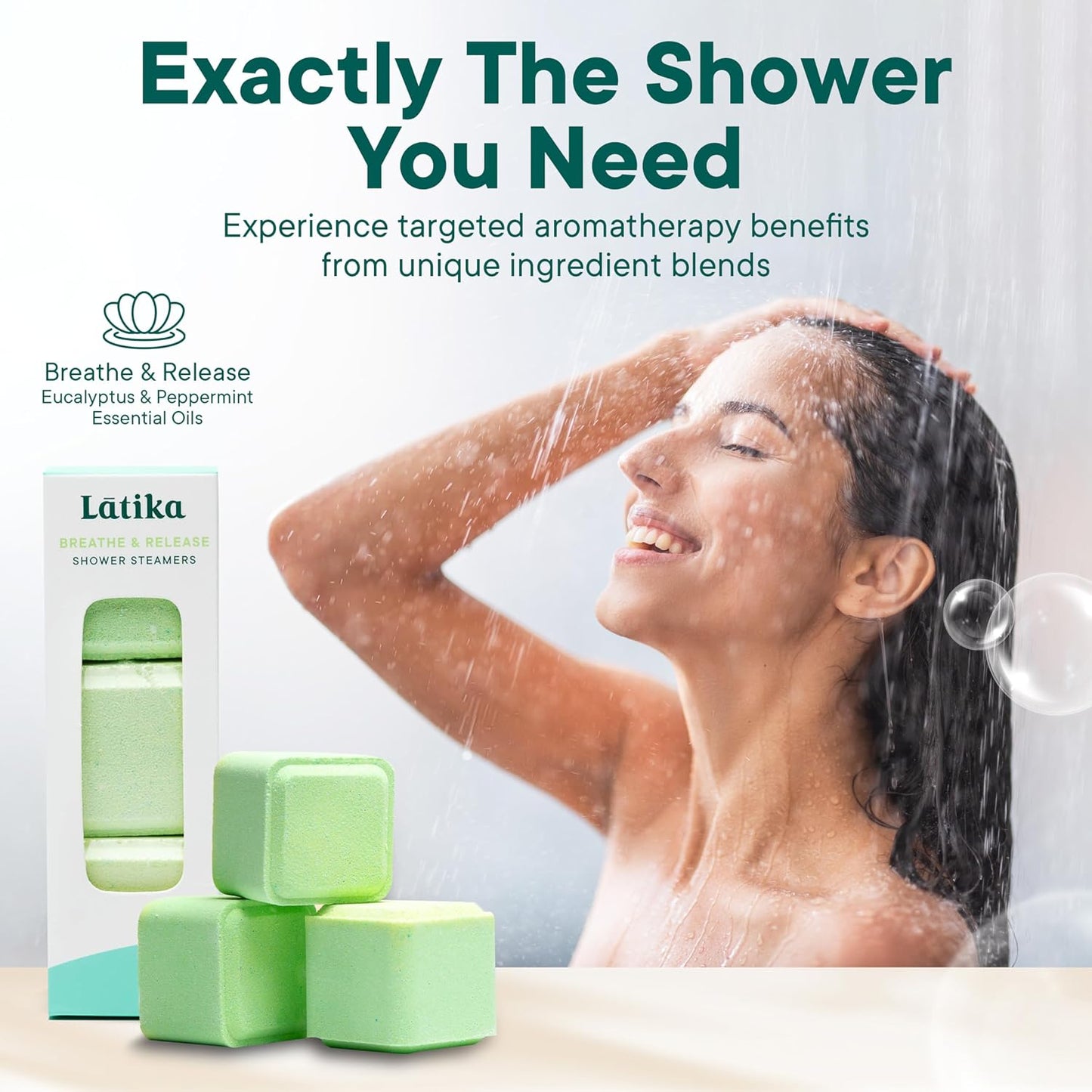 Latika Breathe & Release Aromatherapy Shower Steamer - Eucalyptus and Peppermint Essential Oils for Stress Relief, Relaxation and Anxiety Support Long-Lasting, Natural, Vegan Shower Must-Haves