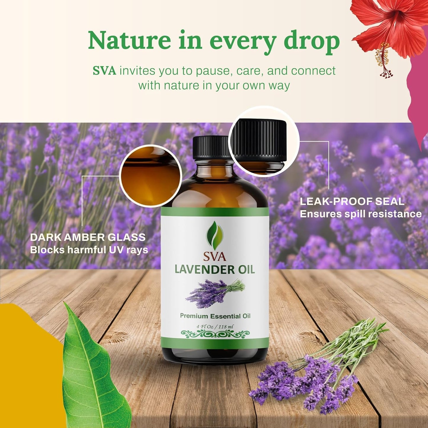 SVA Lavender Essential Oil 4 Fl Oz – for Aromatherapy, Diffuser, Skin & Hair Care – Ideal for Massage & DIY Blends – with Dropper