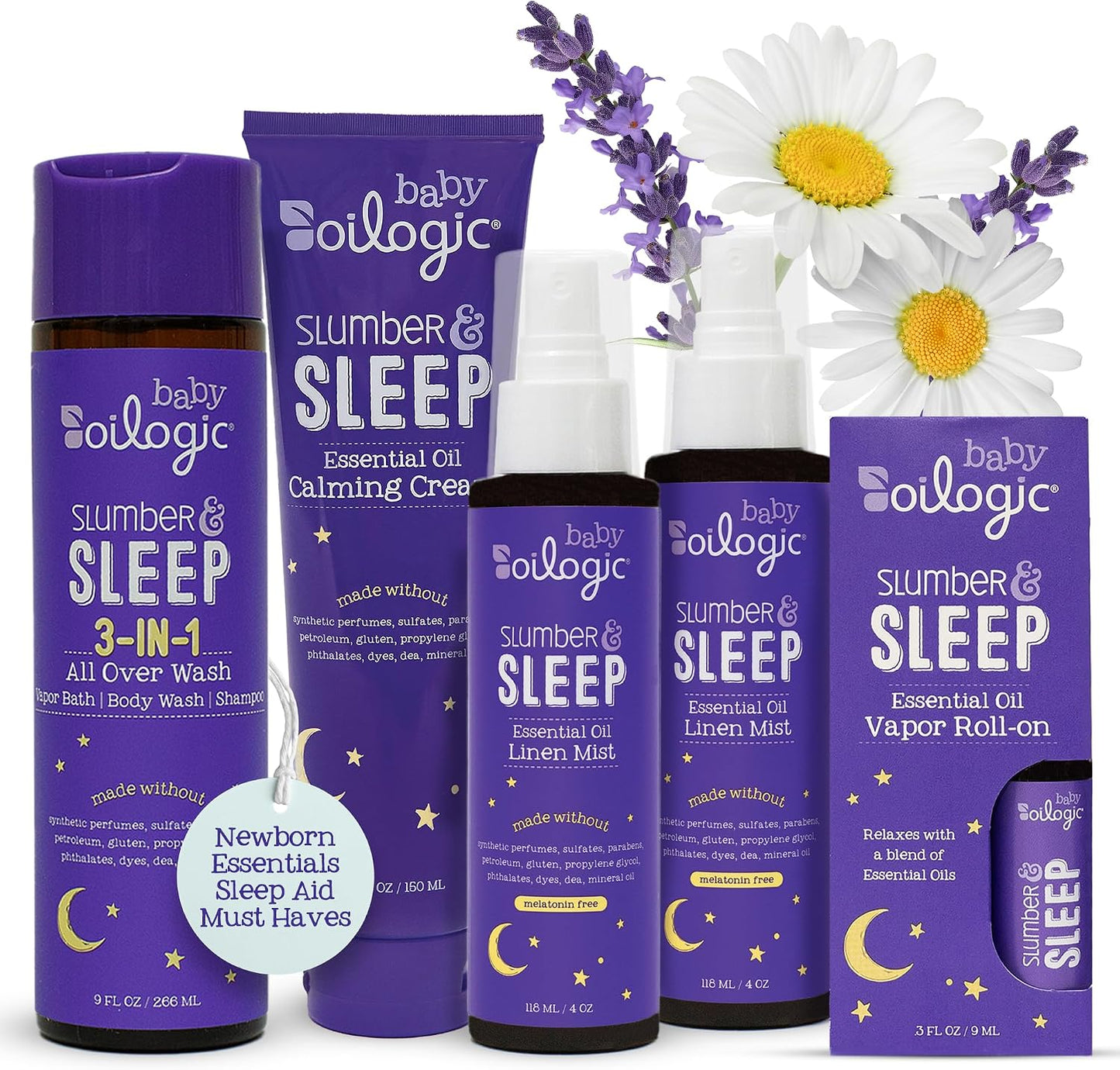 Oilogic Slumber & Sleep Bath Baby Essentials Gift Set - Includes All Over Wash, Calming Cream, Sleep Spray & Roll-On Essential Oils - Pediatrician-Tested Sleep, Comfort & Wellness Blends for Babies