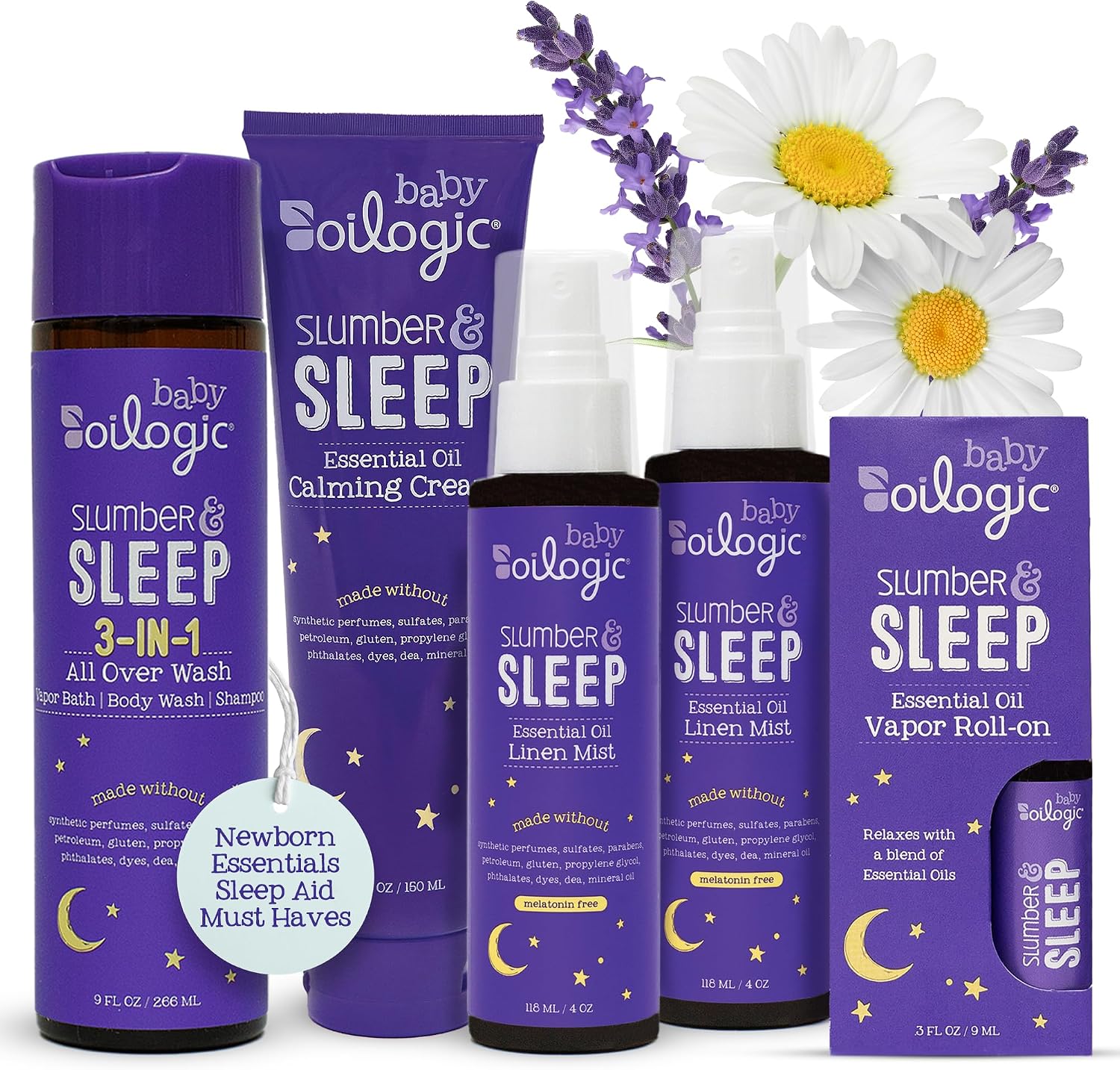 Oilogic Slumber & Sleep Bath Baby Essentials Gift Set - Includes All Over Wash, Calming Cream, Sleep Spray & Roll-On Essential Oils - Pediatrician-Tested Sleep, Comfort & Wellness Blends for Babies