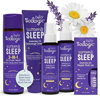 Oilogic Slumber & Sleep Bath Baby Essentials Gift Set - Includes All Over Wash, Calming Cream, Sleep Spray & Roll-On Essential Oils - Pediatrician-Tested Sleep, Comfort & Wellness Blends for Babies