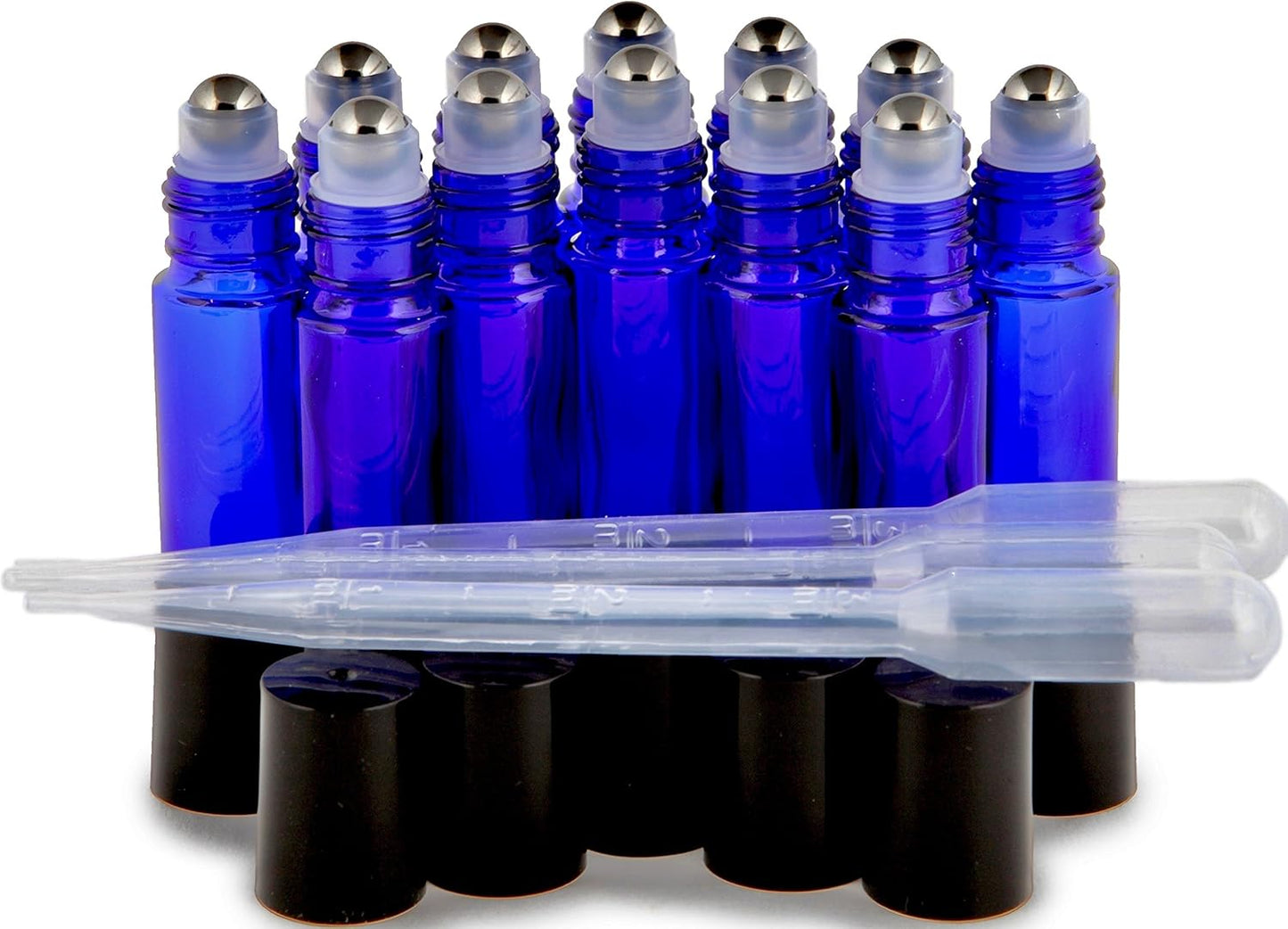 Vivaplex, 12, Cobalt Blue, 10 ml Glass Roll-on Bottles with Stainless Steel Roller Balls. 3-3 ml Droppers included