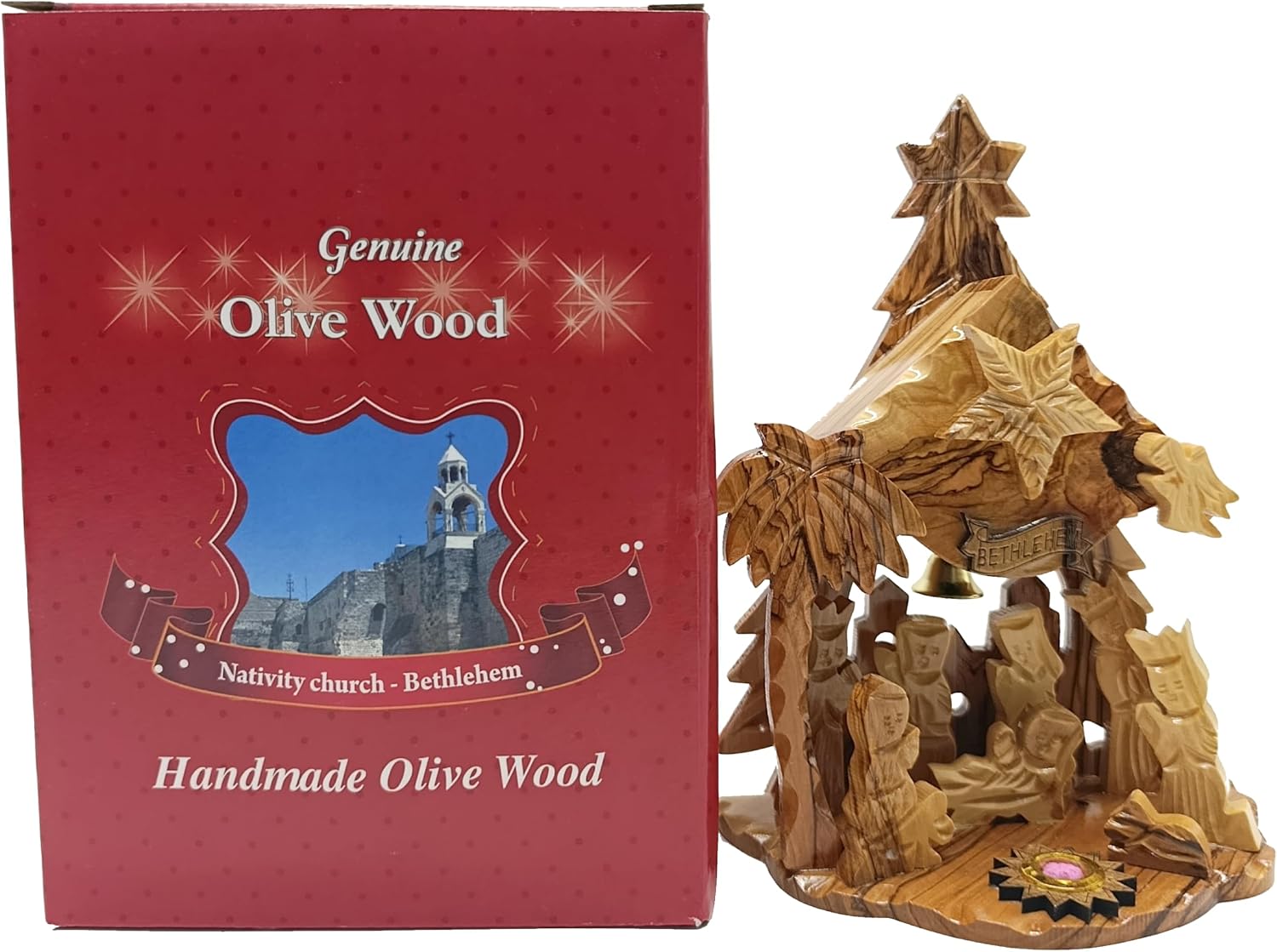 Zuluf Olive Wood Musical Nativity Set | Handcrafted Tabletop Christmas Scene with Incense & Holy Land Certificate | Christian Holiday Decor Gift for Home Display, 8x6 Inches