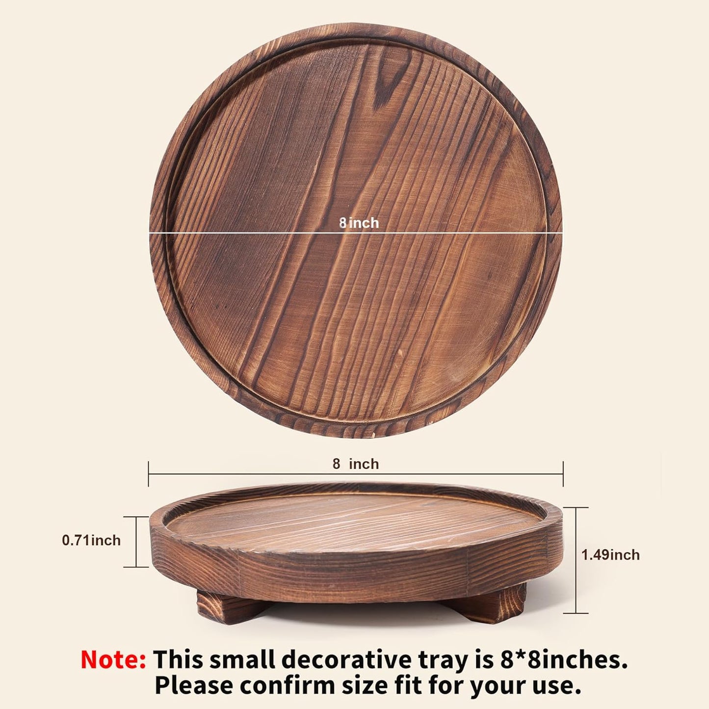 DEBETOOL Round Wooden Decorative Tray - Rustic Wood Soap Tray for Kitchen and Bathroom Counter Organizer, Farmhouse Kitchen Decor Wooden Riser for Soap Dish, Perfume, Candle, Potted