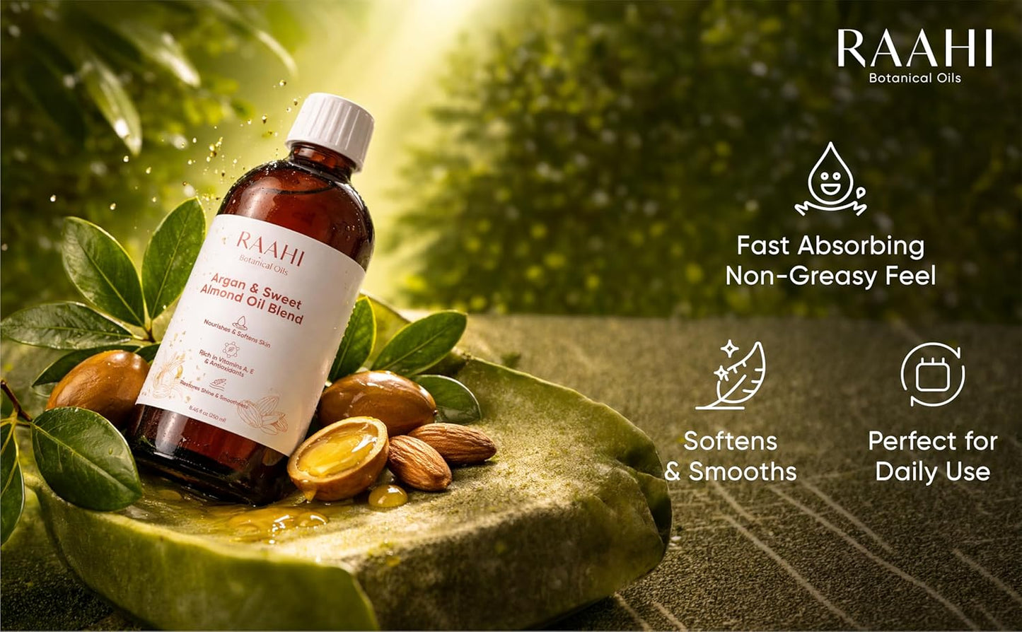 RAAHI Argan Oil and Sweet Almond Oil for Hair and Skin, 8.45 fl oz / 250 ml, Lightweight Non Greasy Moisturizer for Face, Body, Scalp and Hair