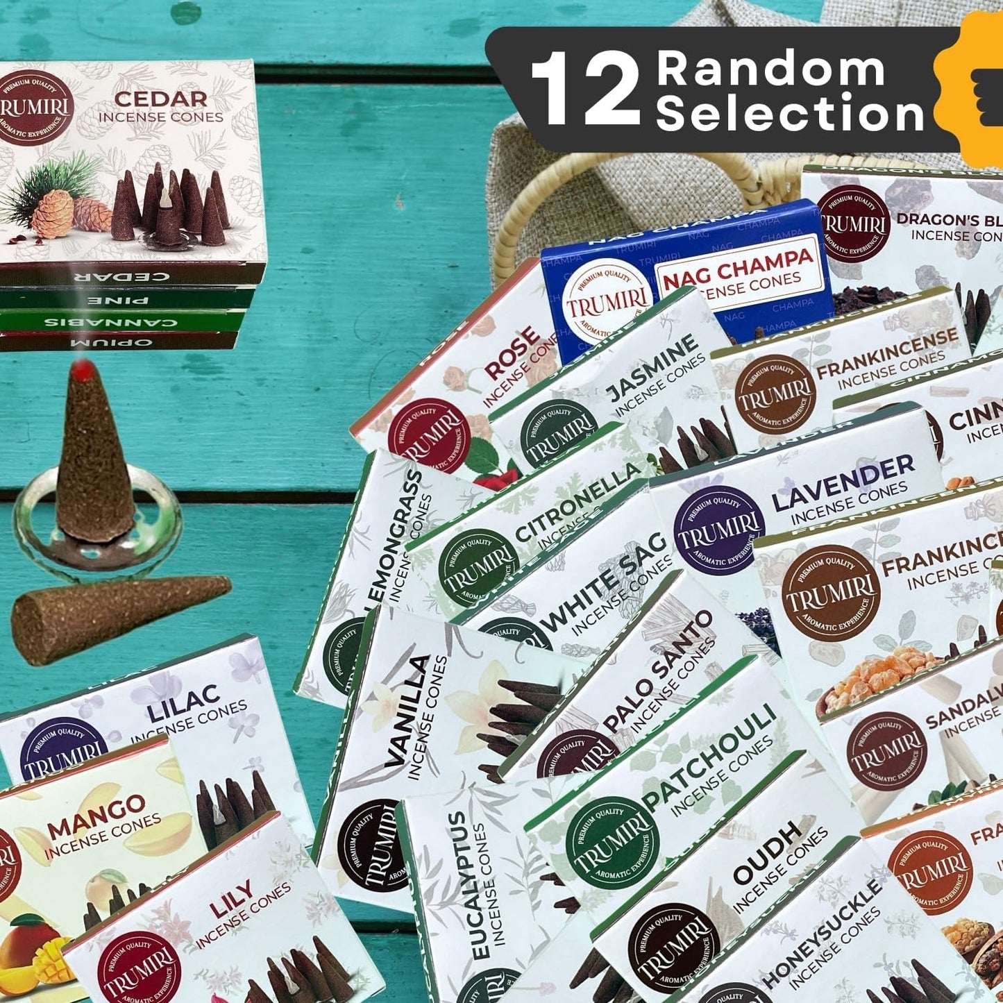 Trumiri Incense Cones Scented - 12 Random Scents - Insence Cones - Dhoop Cones - Large Long Lasting Insense Variety Pack - Inciensos - 10 Conos per Scent - Total 120 Cones