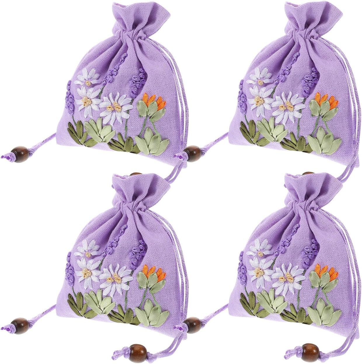 Hoement 4Pcs Embroidered Lavender Sachet Bags Small Drawstring Linen Brocade Pouches for Jewelry Storage Wedding Favor and Fragrance Packaging