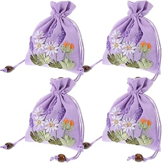 Hoement 4Pcs Embroidered Lavender Sachet Bags Small Drawstring Linen Brocade Pouches for Jewelry Storage Wedding Favor and Fragrance Packaging