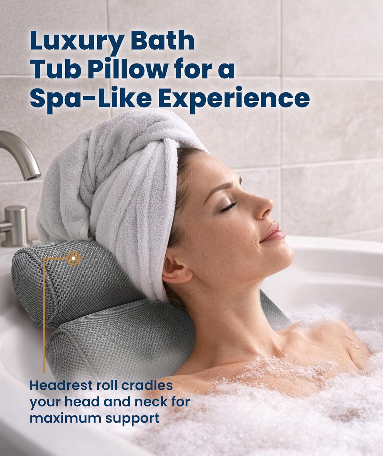 Everlasting Comfort Luxury Bath Pillows for Tub with Head and Neck Support - Non-Slip Bathtub Pillow with Suction Cups, Quick-Drying Mesh & Drying Hook - Jacuzzi & Spa Accessories for Women - Gray