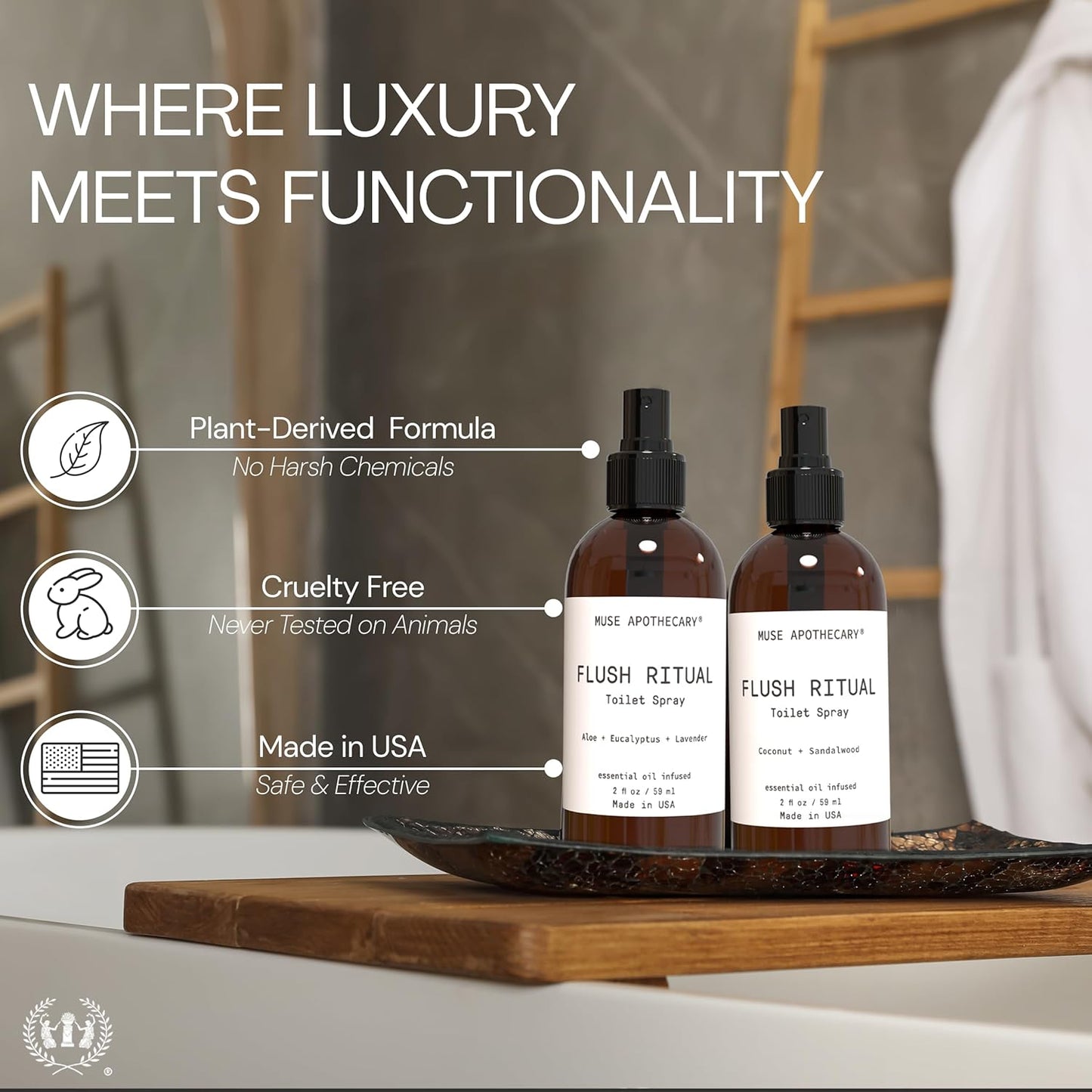 Muse Apothecary Flush Ritual - Aromatic & Refreshing Toilet Spray, Use Before You Go, 2 oz, Infused with Natural Essential Oils - Aloe + Eucalyptus + Lavender
