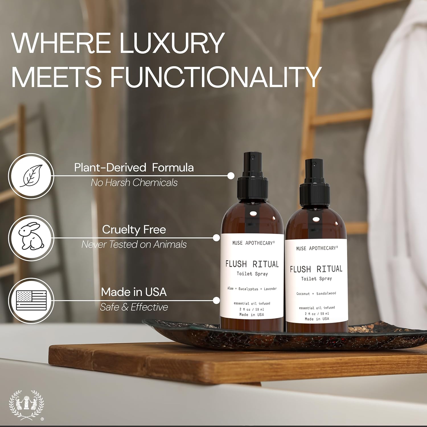 Muse Apothecary Flush Ritual - Aromatic & Refreshing Toilet Spray, Use Before You Go, 2 oz, Infused with Natural Essential Oils - Aloe + Eucalyptus + Lavender