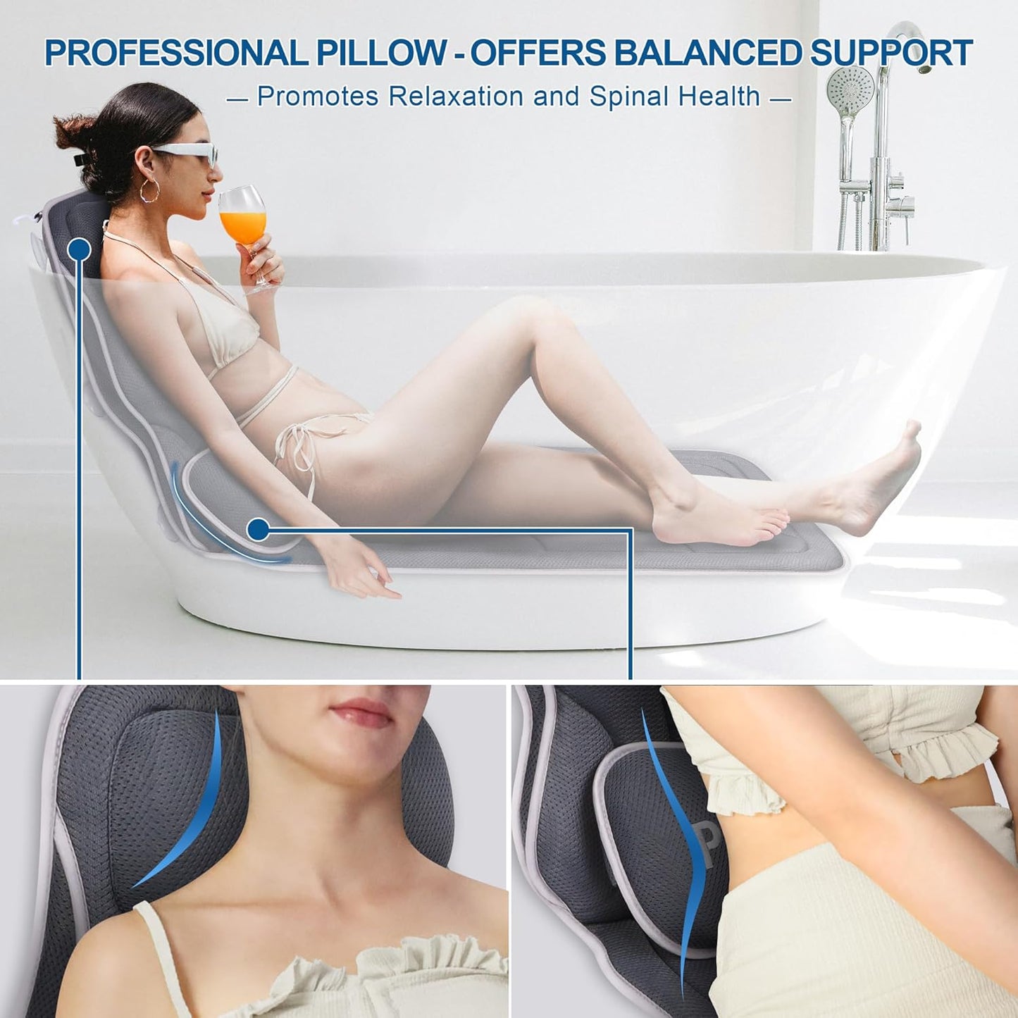 Poemland Full Body Bath Pillow for Tub - Extra Long & Thick Tub Pillow with Head, Back & Lumbar Support, 168 Non-Slip Suction Cups, Soft 5D Mesh Spa Cushion, Fits All Tubs-Gift for Soaking(Gray)