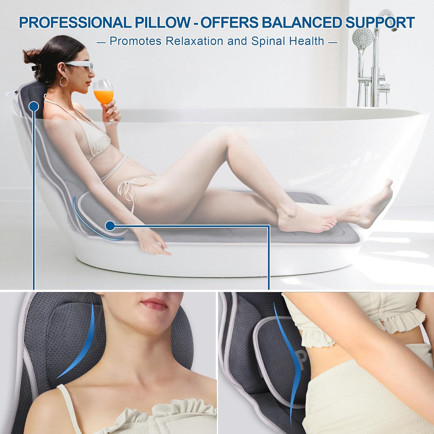 Poemland Full Body Bath Pillow for Tub - Extra Long & Thick Tub Pillow with Head, Back & Lumbar Support, 168 Non-Slip Suction Cups, Soft 5D Mesh Spa Cushion, Fits All Tubs-Gift for Soaking(Gray)
