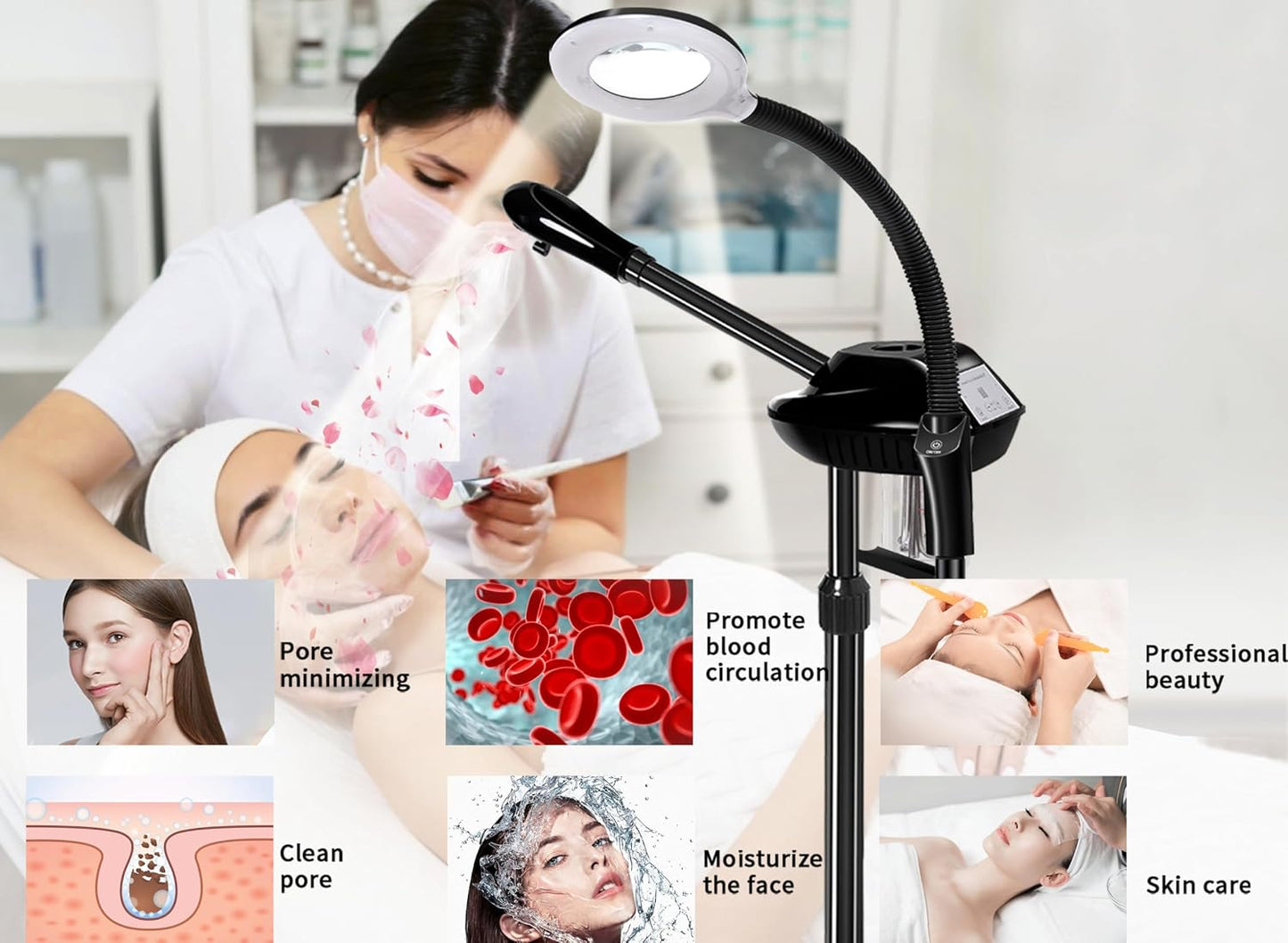 Professional Facial Steamer on Wheels,2 in 1 Face Steamer with 5X Magnifying Lamp and Ozone Function for Home and Beauty Spa Use